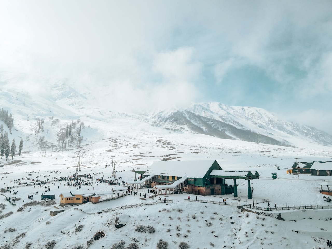Stunning aerial view of snow-covered Gulmarg landscape with ski resort and distant mountains.